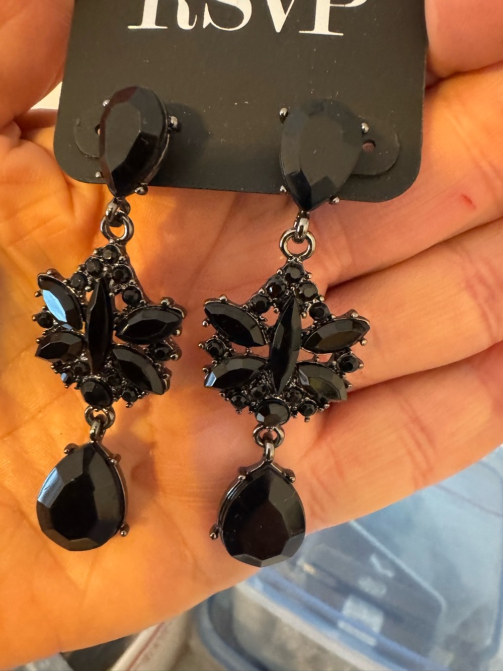 RSVP Black Faceted Teardrop Chandelier Earrings